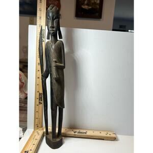 Hand Carved African Tribal Warrior Statue 17" Wood Sculpture Ethnic Art Decor